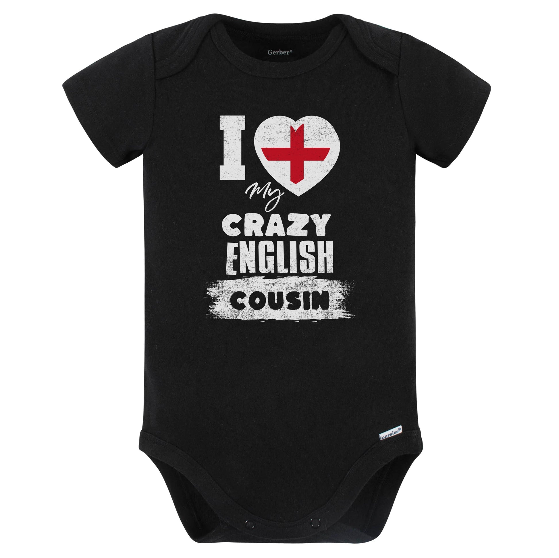 I Love My Crazy English Cousin Funny England Flag Baby Bodysuit (Black)