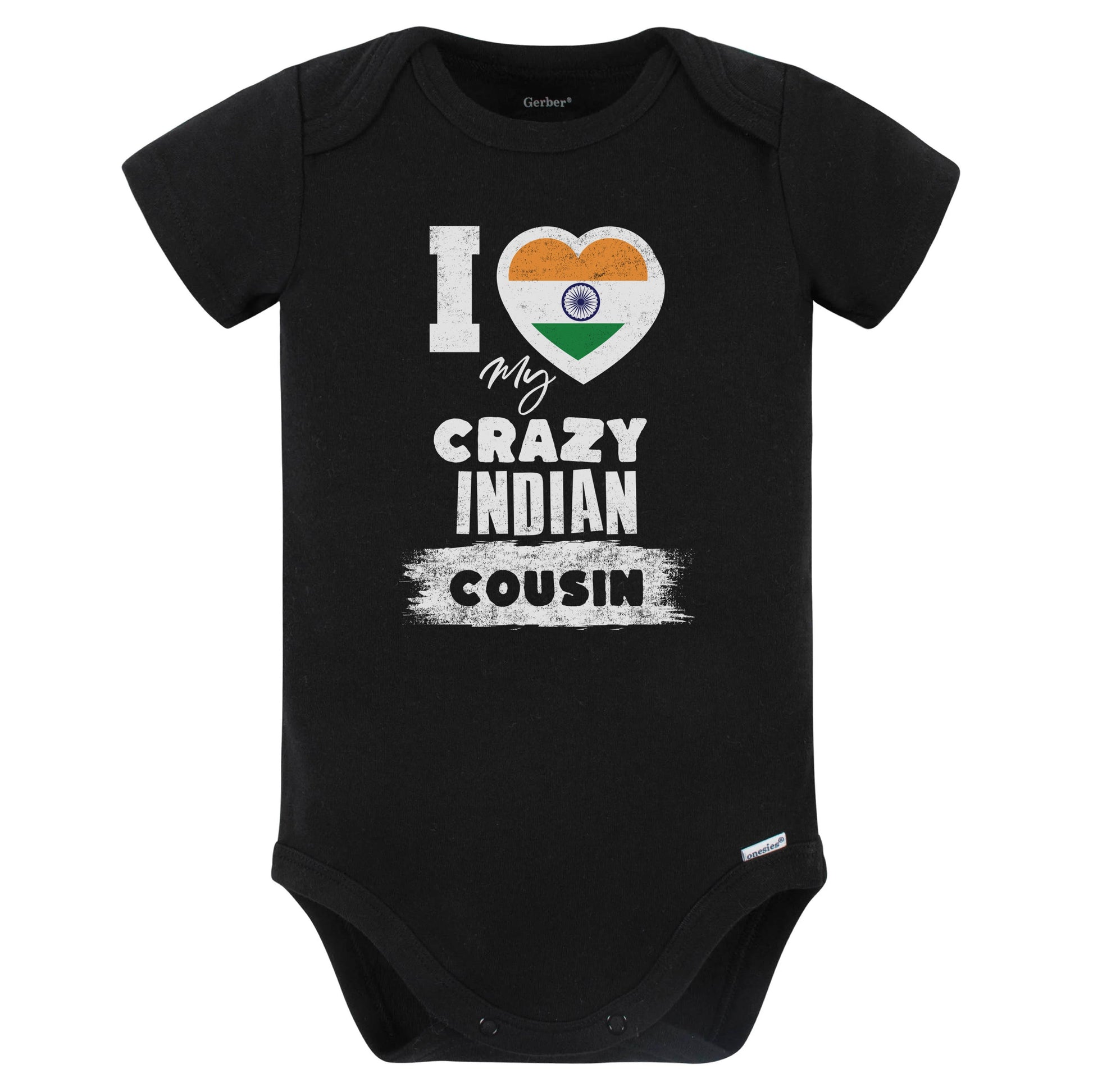 I Love My Crazy Indian Cousin Funny India Flag Baby Bodysuit (Black)
