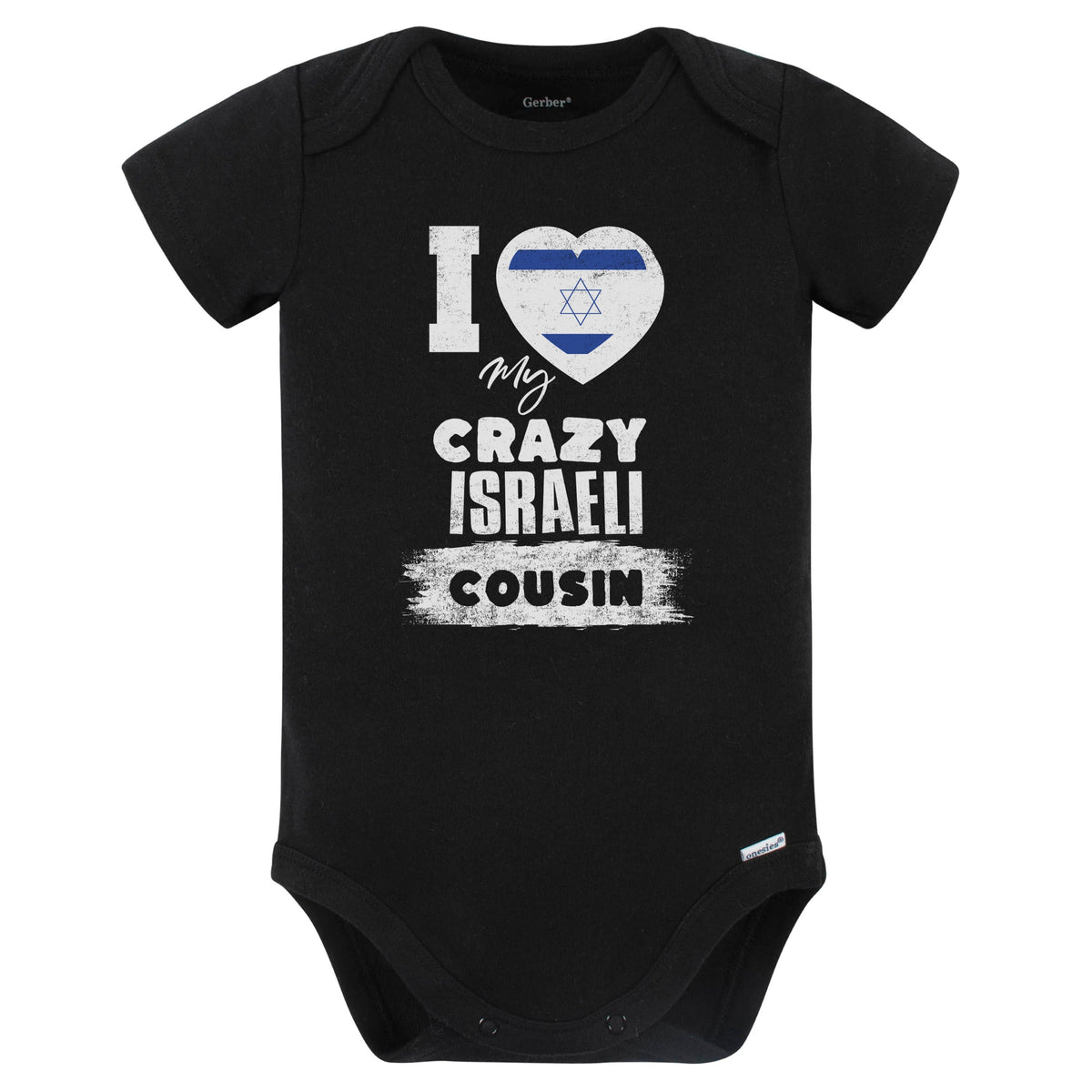 I Love My Crazy Israeli Cousin Funny Israel Flag Baby Bodysuit (Black)