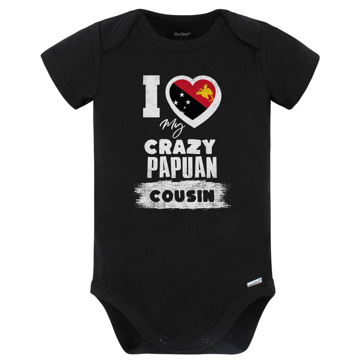 I Love My Crazy Papuan Cousin Funny Papua New Guinea Flag Baby Bodysuit (Black)