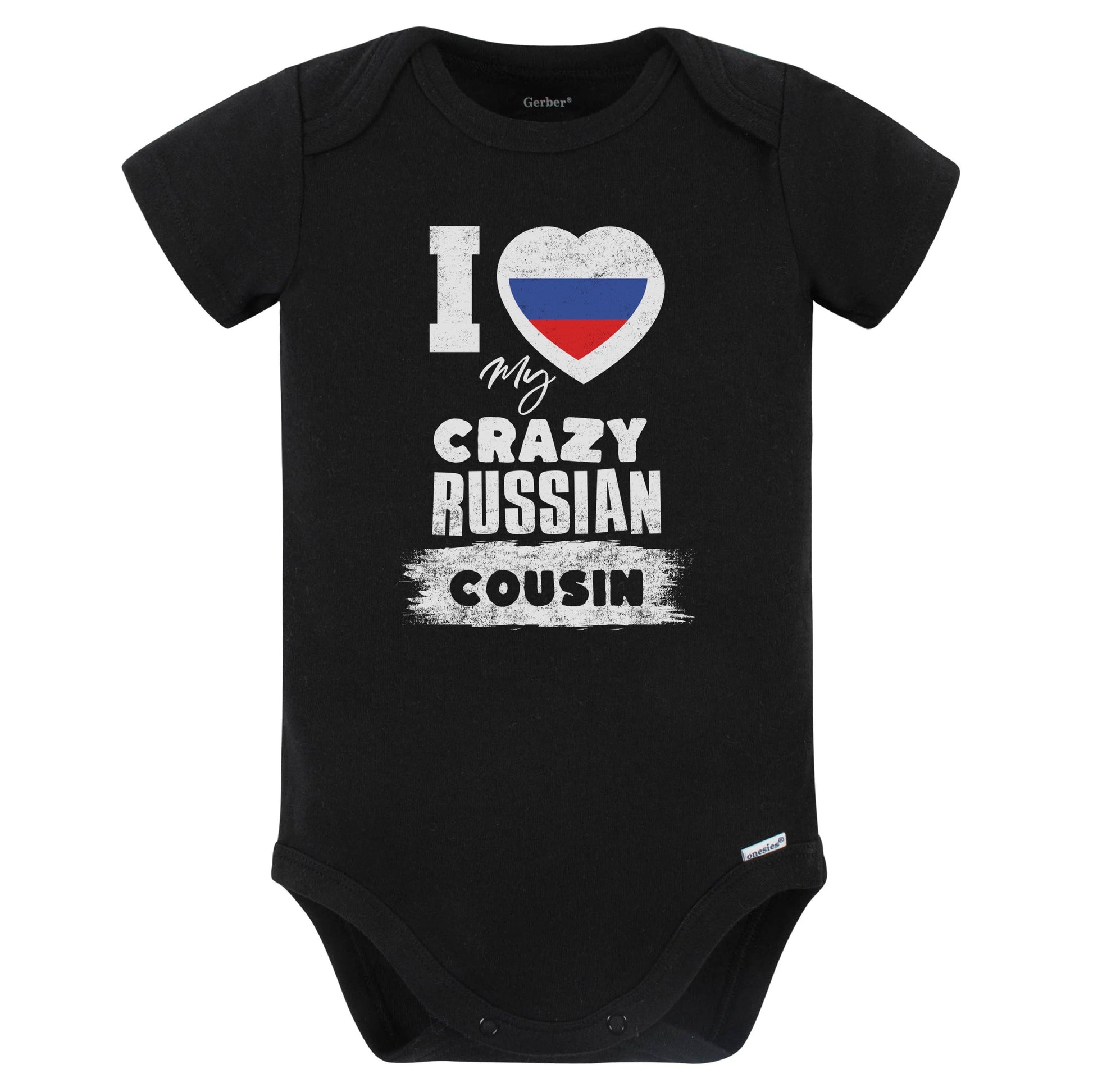 I Love My Crazy Russian Cousin Funny Russia Flag Baby Bodysuit (Black)