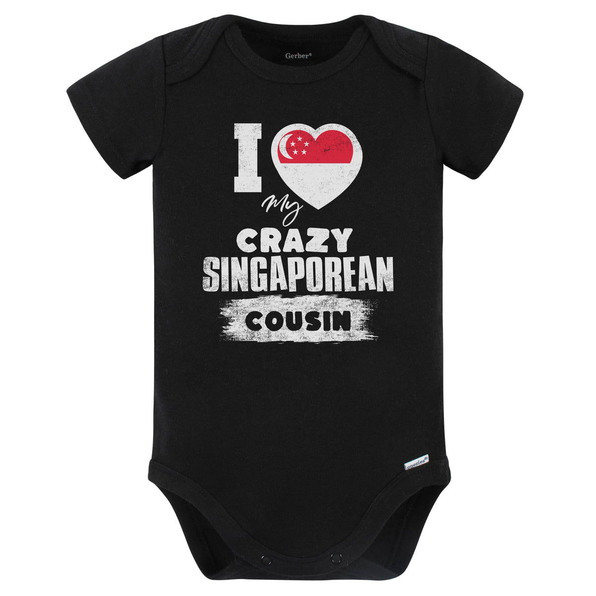 I Love My Crazy Singaporean Cousin Funny Singapore Flag Baby Bodysuit (Black)