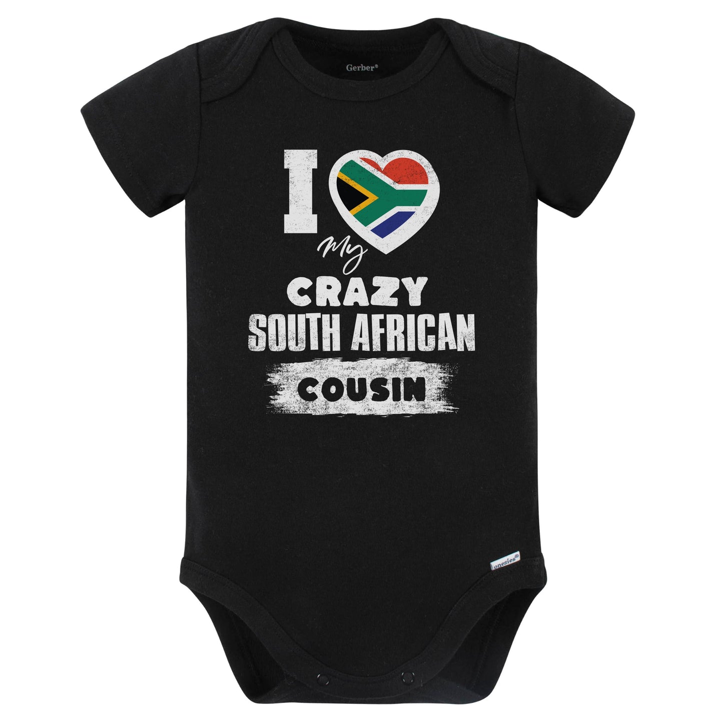 I Love My Crazy South African Cousin Funny South Africa Flag Baby Bodysuit (Black)