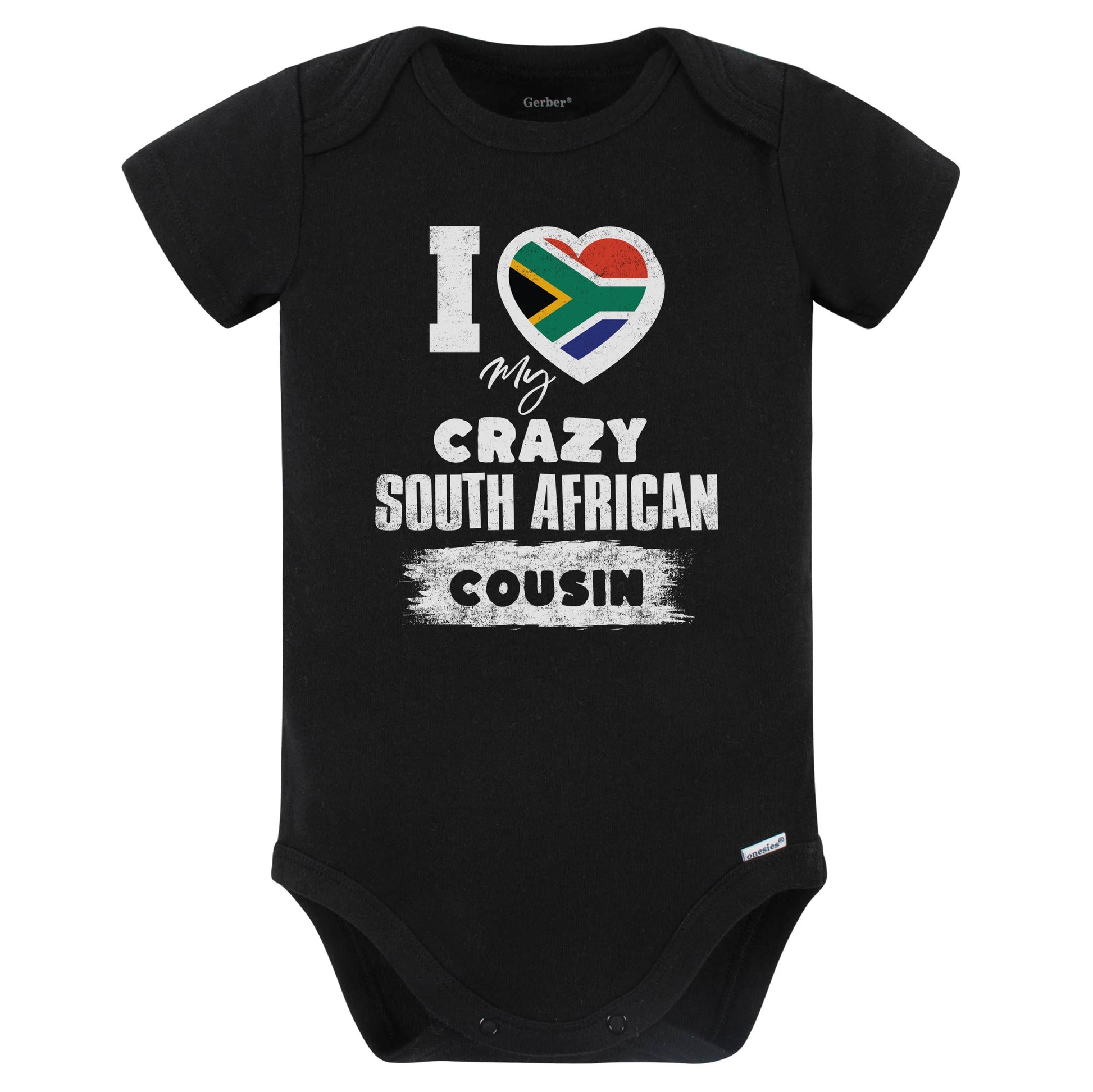 I Love My Crazy South African Cousin Funny South Africa Flag Baby Bodysuit (Black)