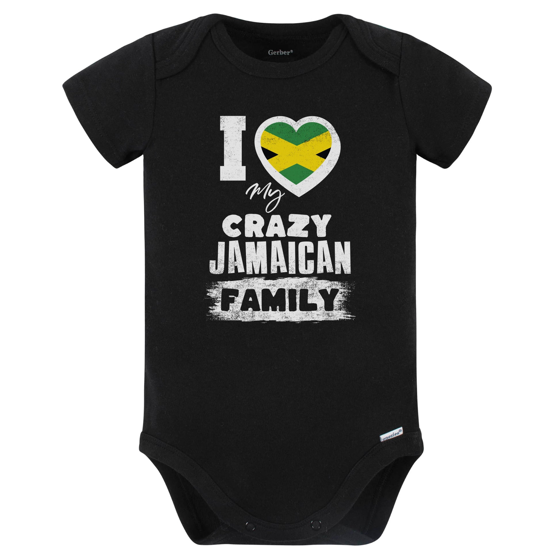 I Love My Crazy Jamaican Family Funny Jamaica Flag Baby Bodysuit (Black)
