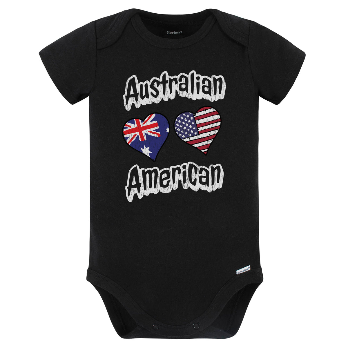 Australian American Flag Hearts Combo Australia Baby Bodysuit Distressed (Black)