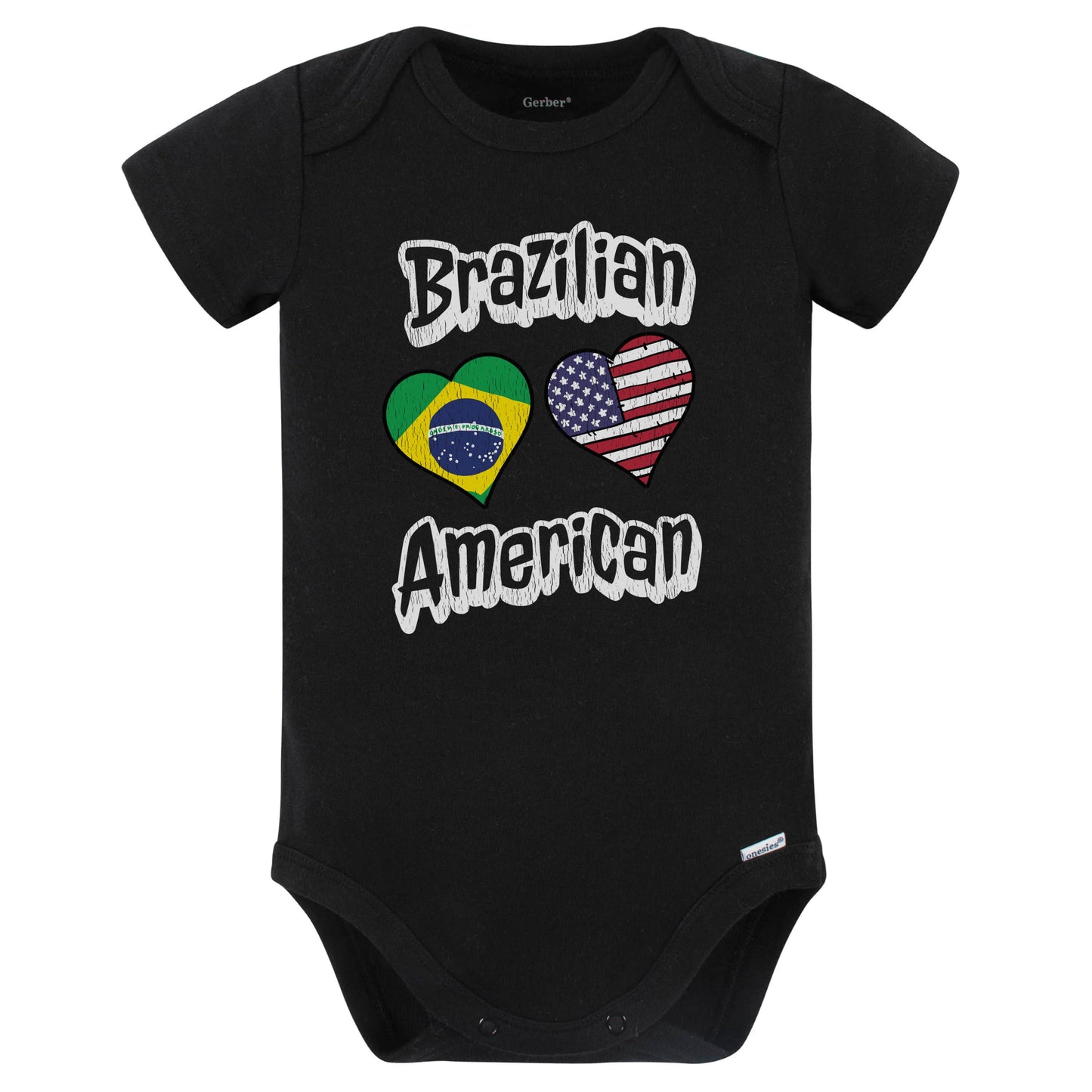 Brazilian American Flag Hearts Combo Brazil Baby Bodysuit Distressed (Black)