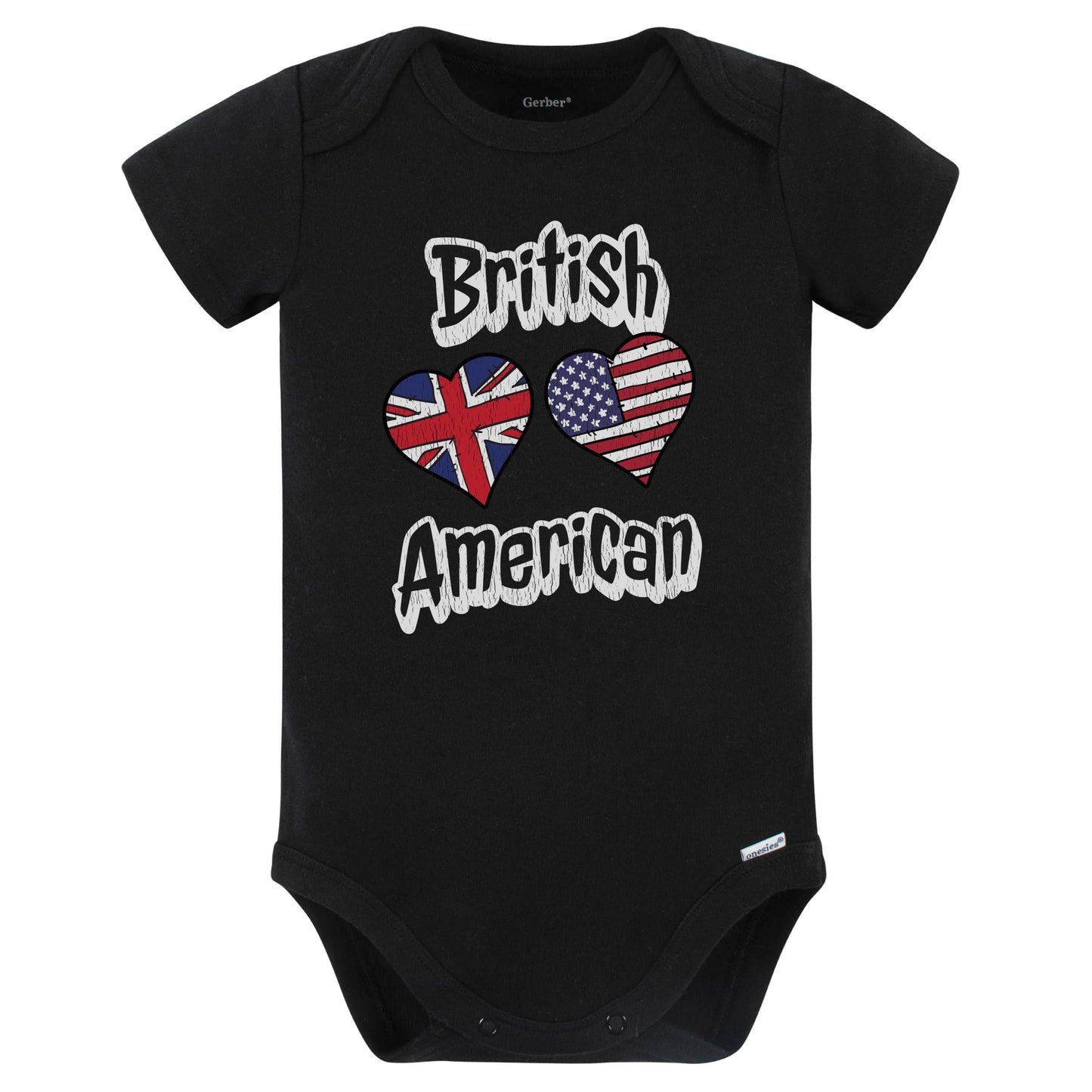 British American Flag Hearts Combo United Kingdom Baby Bodysuit Distressed (Black)