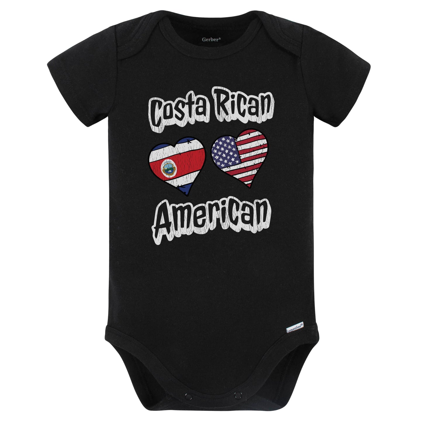 Costa Rican American Flag Hearts Combo Costa Rica Baby Bodysuit Distressed (Black)