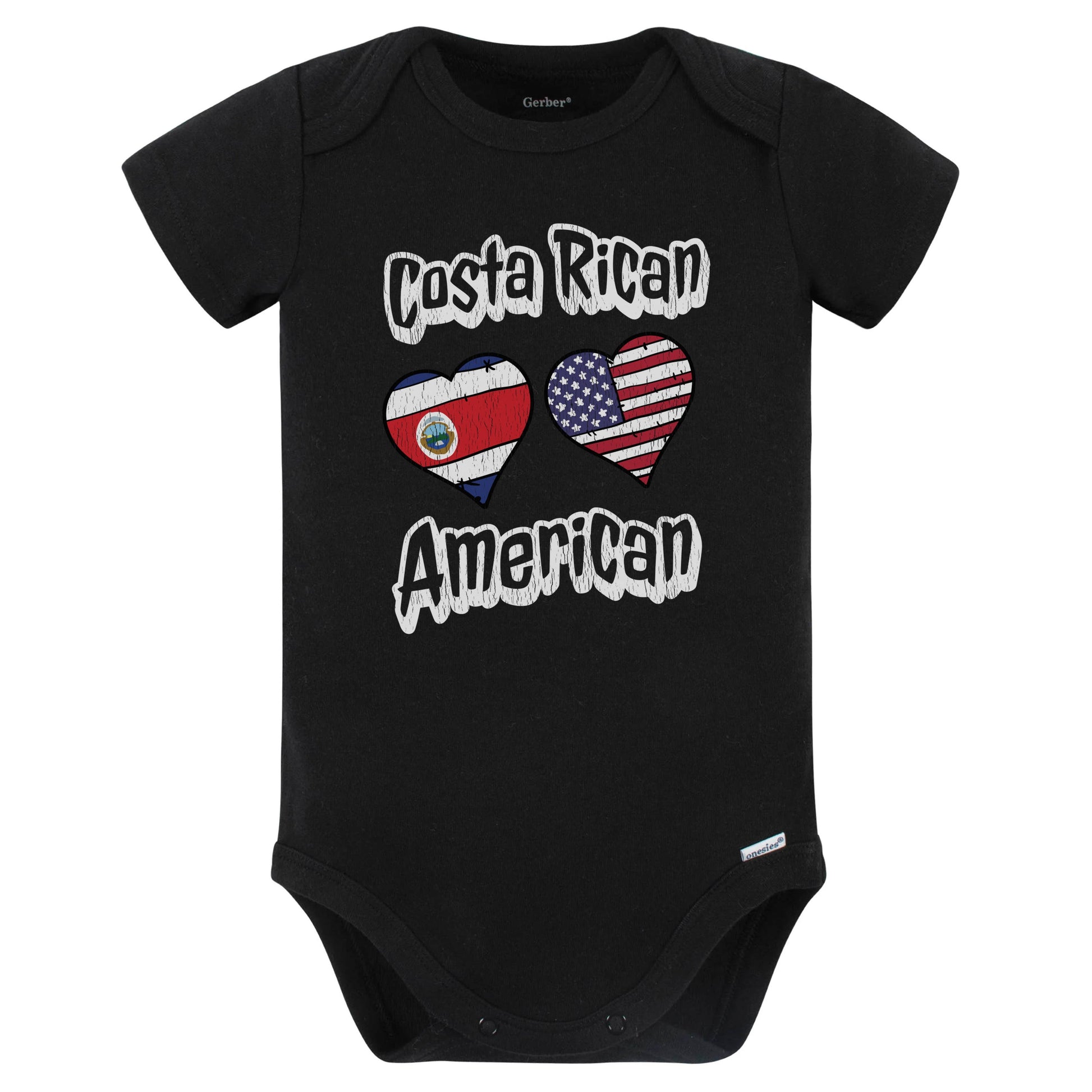 Costa Rican American Flag Hearts Combo Costa Rica Baby Bodysuit Distressed (Black)
