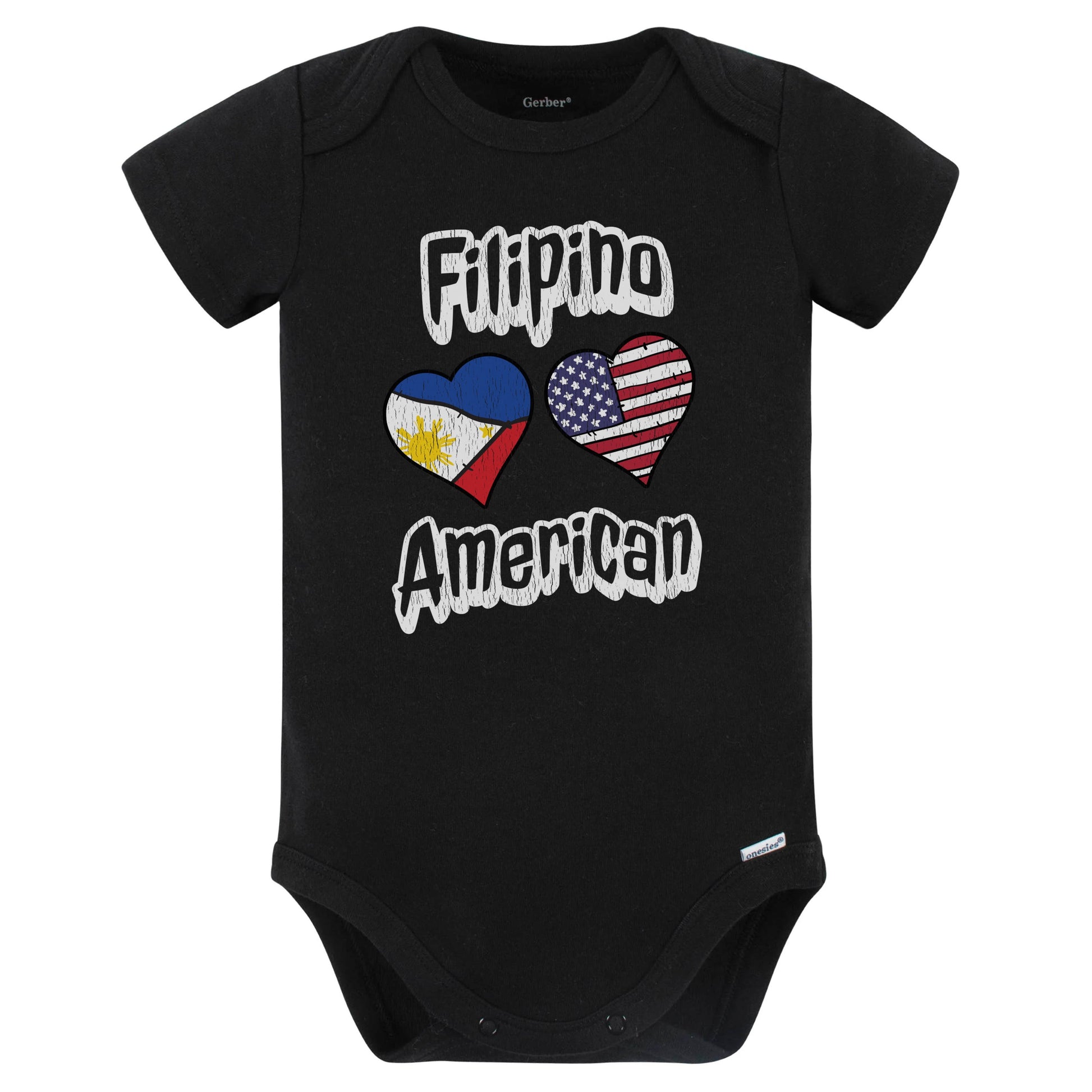 Filipino American Flag Hearts Combo Philippines Baby Bodysuit Distressed (Black)