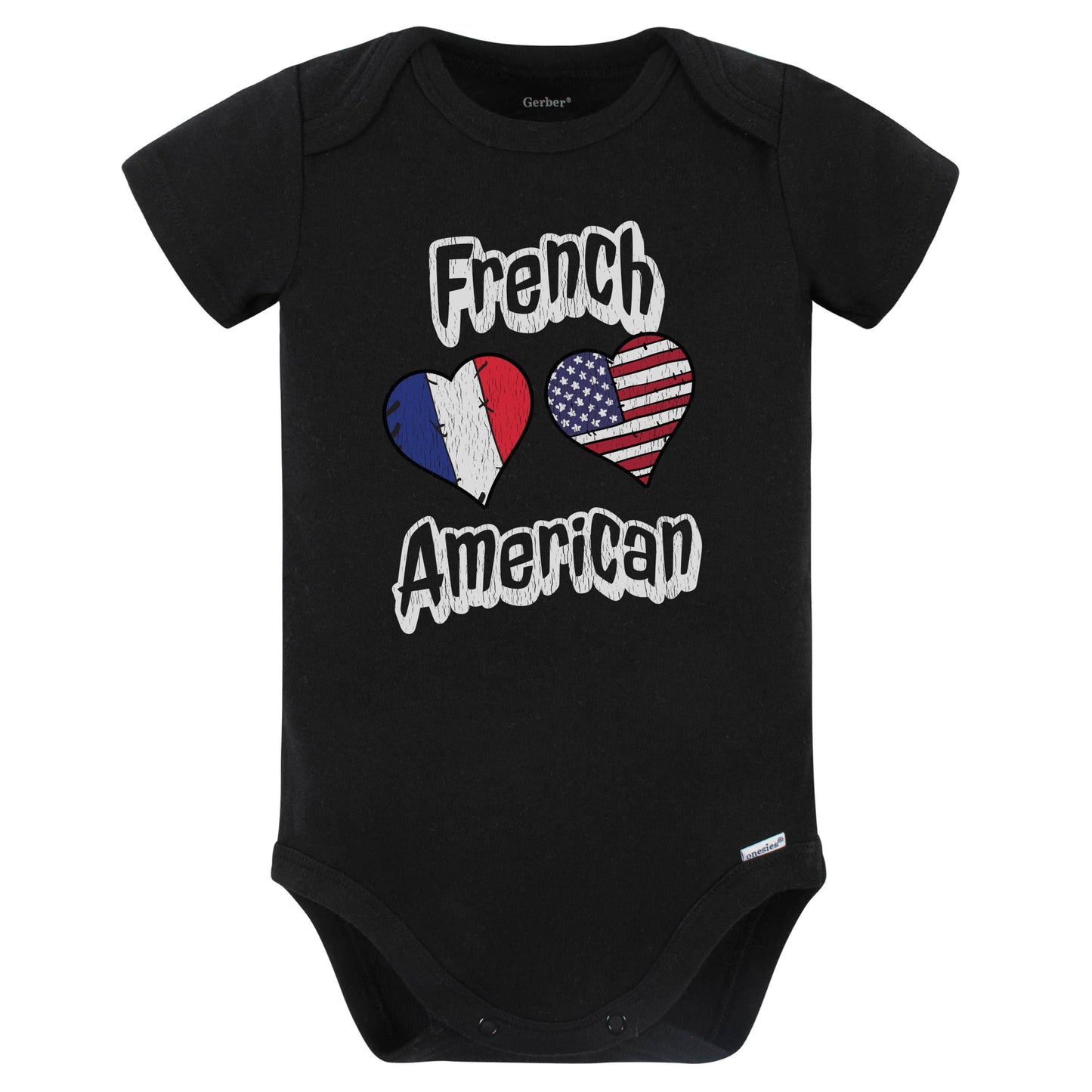 French American Flag Hearts Combo France Baby Bodysuit Distressed (Black)