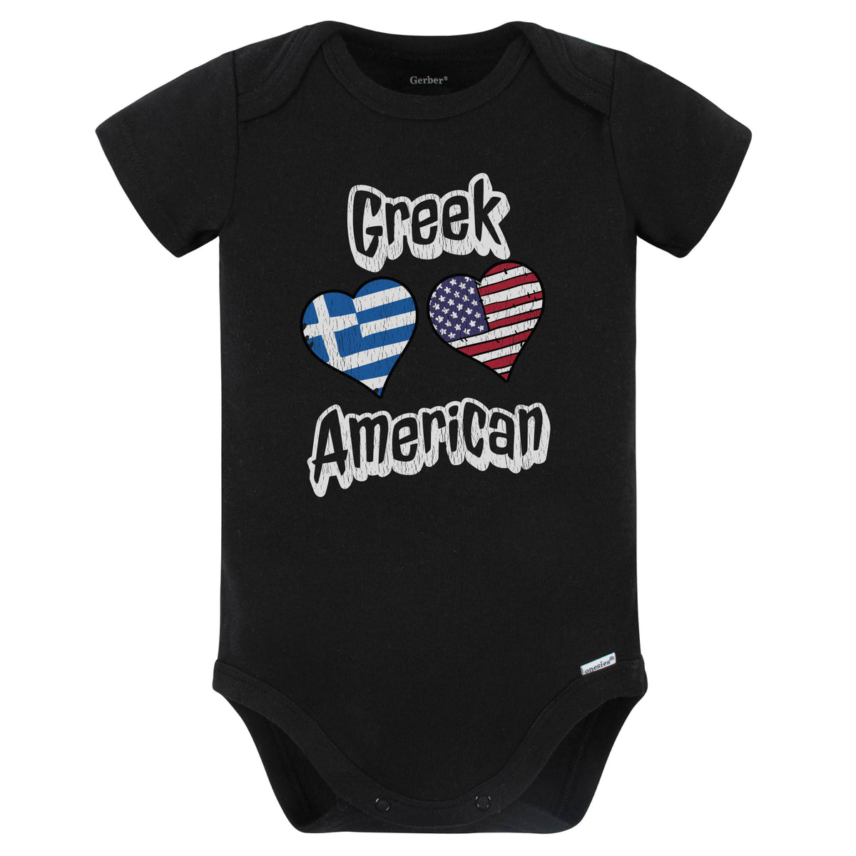 Greek American Flag Hearts Combo Greece Baby Bodysuit Distressed (Black)