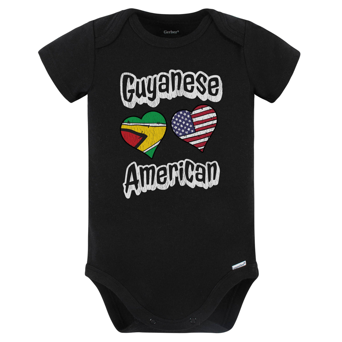 Guyanese American Flag Hearts Combo Guyana Baby Bodysuit Distressed (Black)