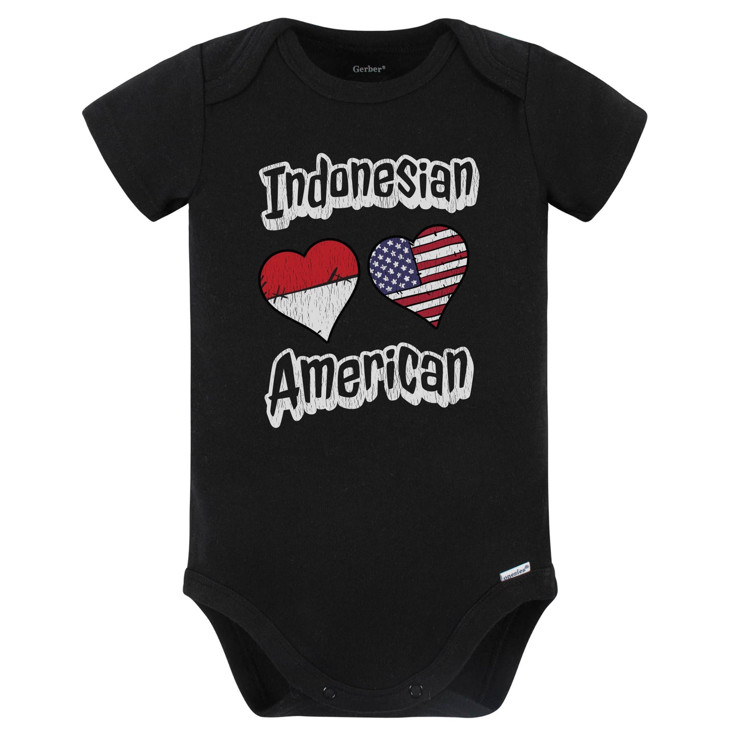 Indonesian American Flag Hearts Combo Indonesia Baby Bodysuit Distressed (Black)