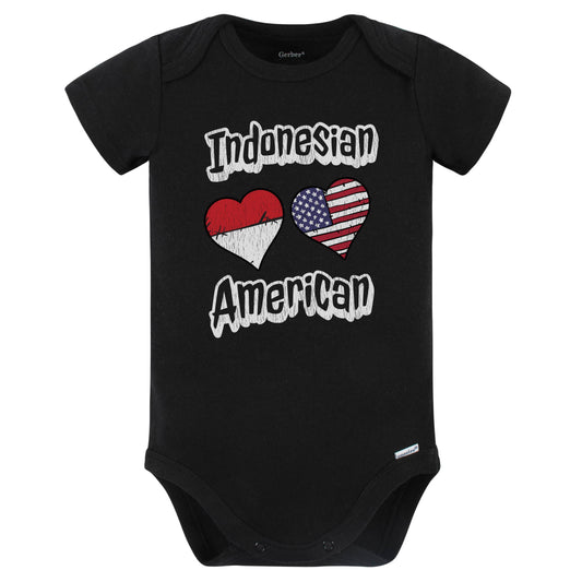 Indonesian American Flag Hearts Combo Indonesia Baby Bodysuit Distressed (Black)