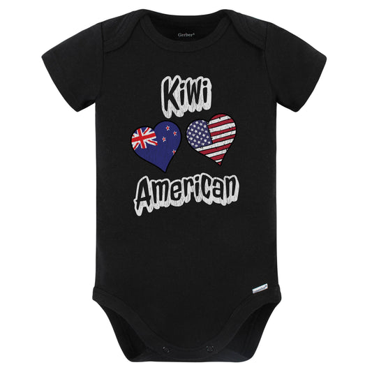 Kiwi American Flag Hearts Combo New Zealand Baby Bodysuit Distressed (Black)