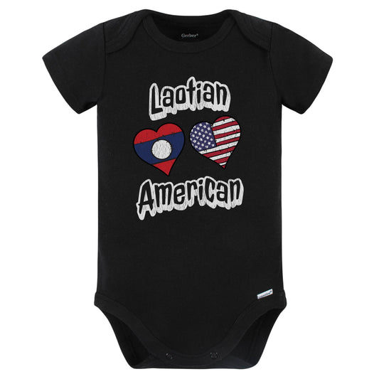 Laotian American Flag Hearts Combo Laos Baby Bodysuit Distressed (Black)