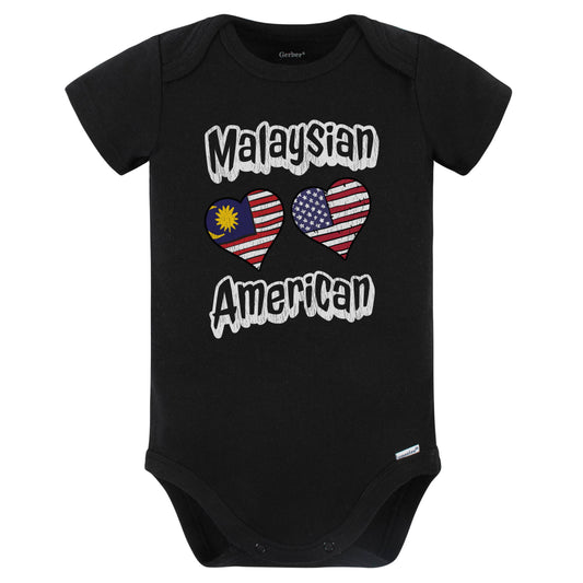 Malaysian American Flag Hearts Combo Malaysia Baby Bodysuit Distressed (Black)