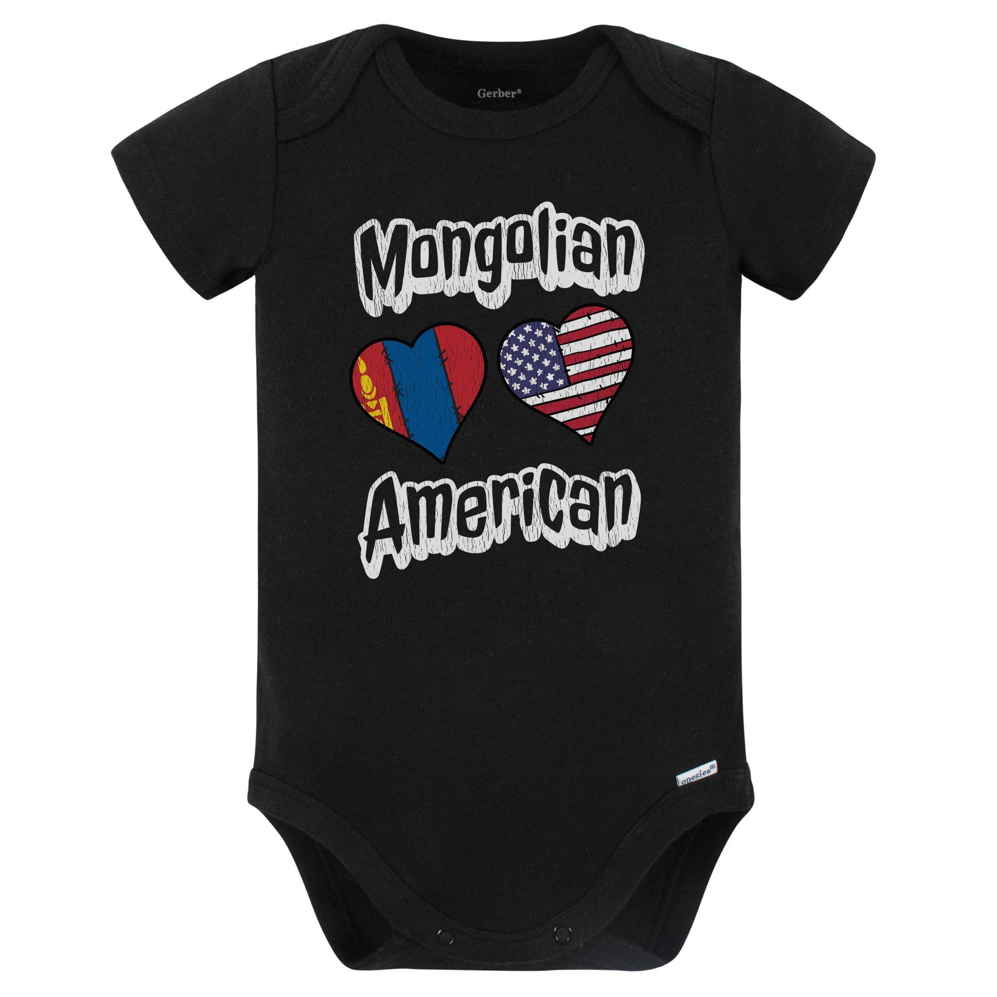 Mongolian American Flag Hearts Combo Mongolia Baby Bodysuit Distressed (Black)