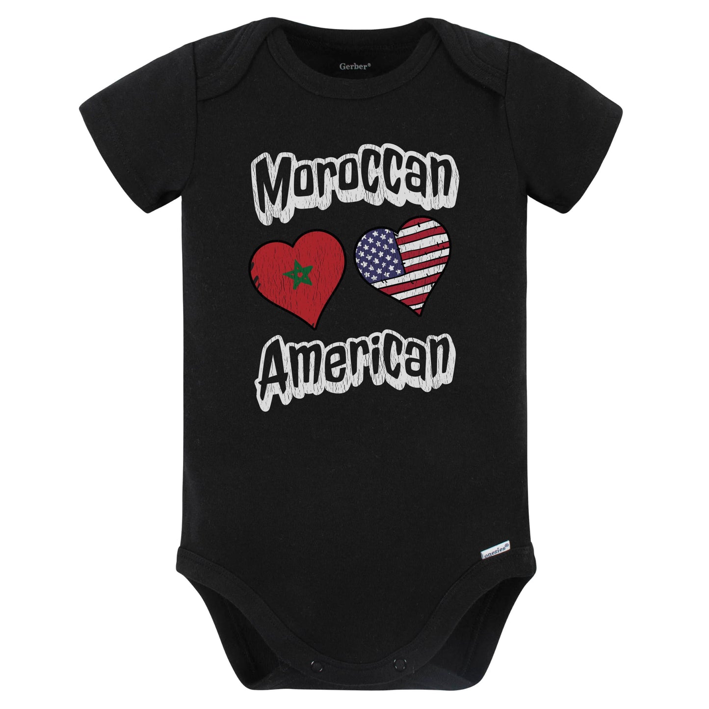 Moroccan American Flag Hearts Combo Morocco Baby Bodysuit Distressed (Black)