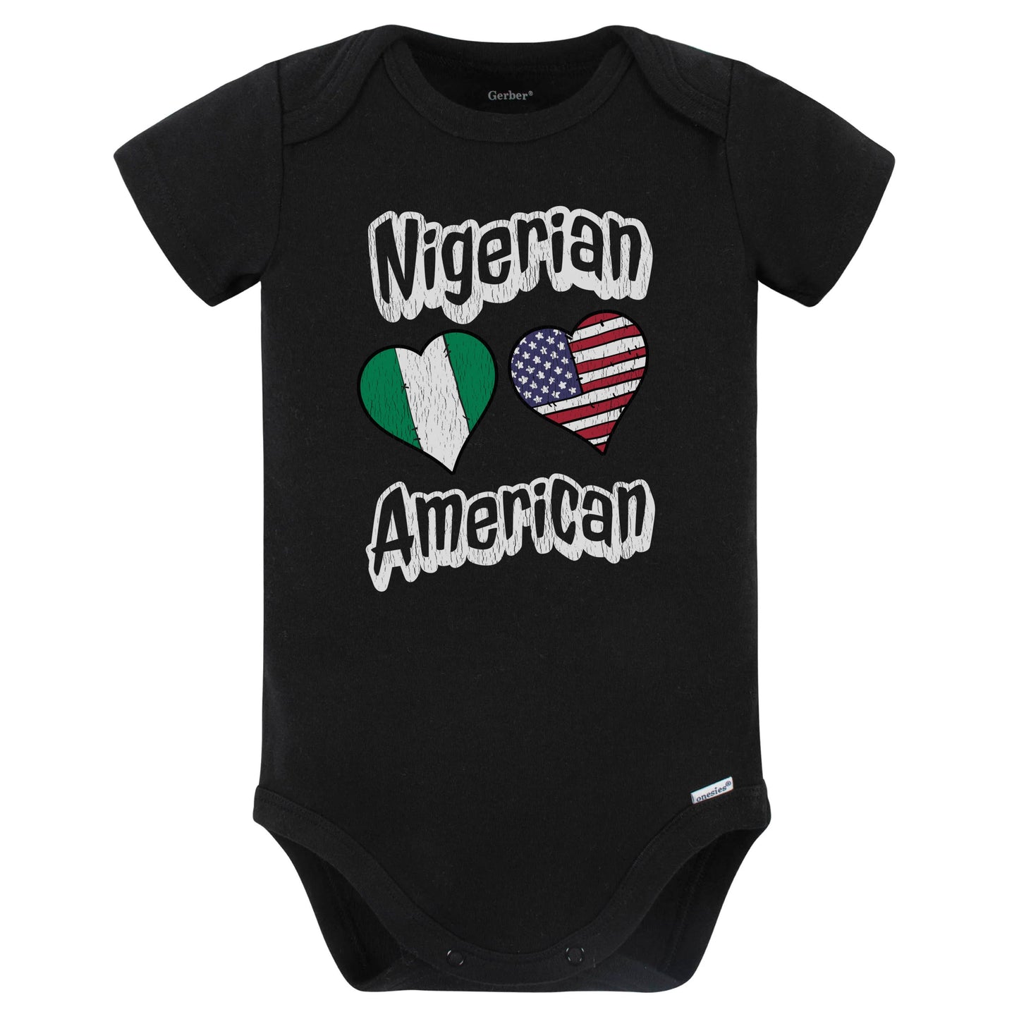 Nigerian American Flag Hearts Combo Nigeria Baby Bodysuit Distressed (Black)