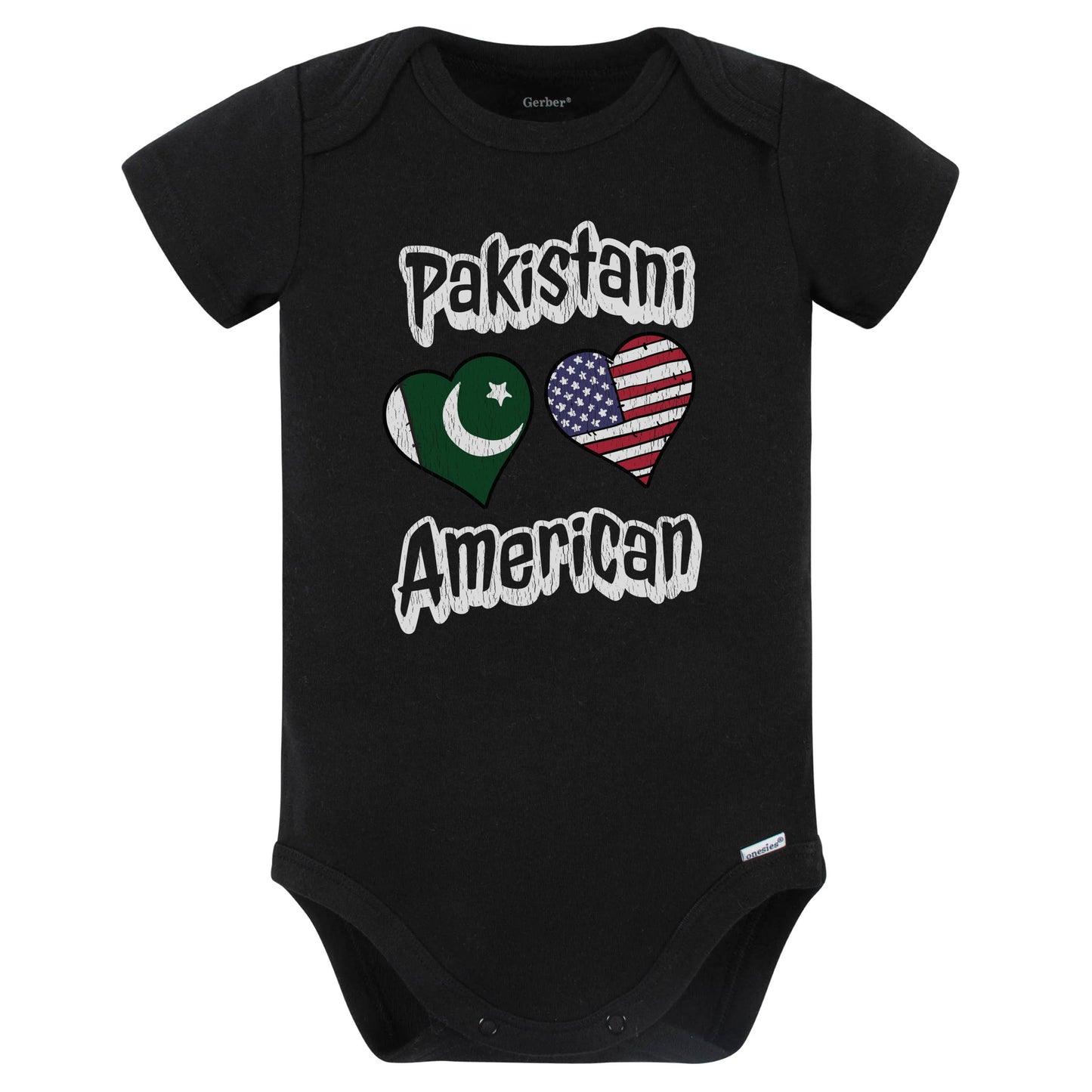 Pakistani American Flag Hearts Combo Pakistan Baby Bodysuit Distressed (Black)