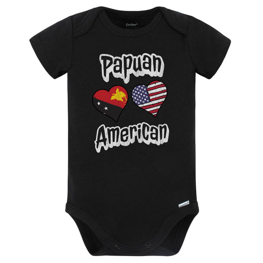 Papuan American Flag Hearts Combo Papua New Guinea Baby Bodysuit Distressed (Black)