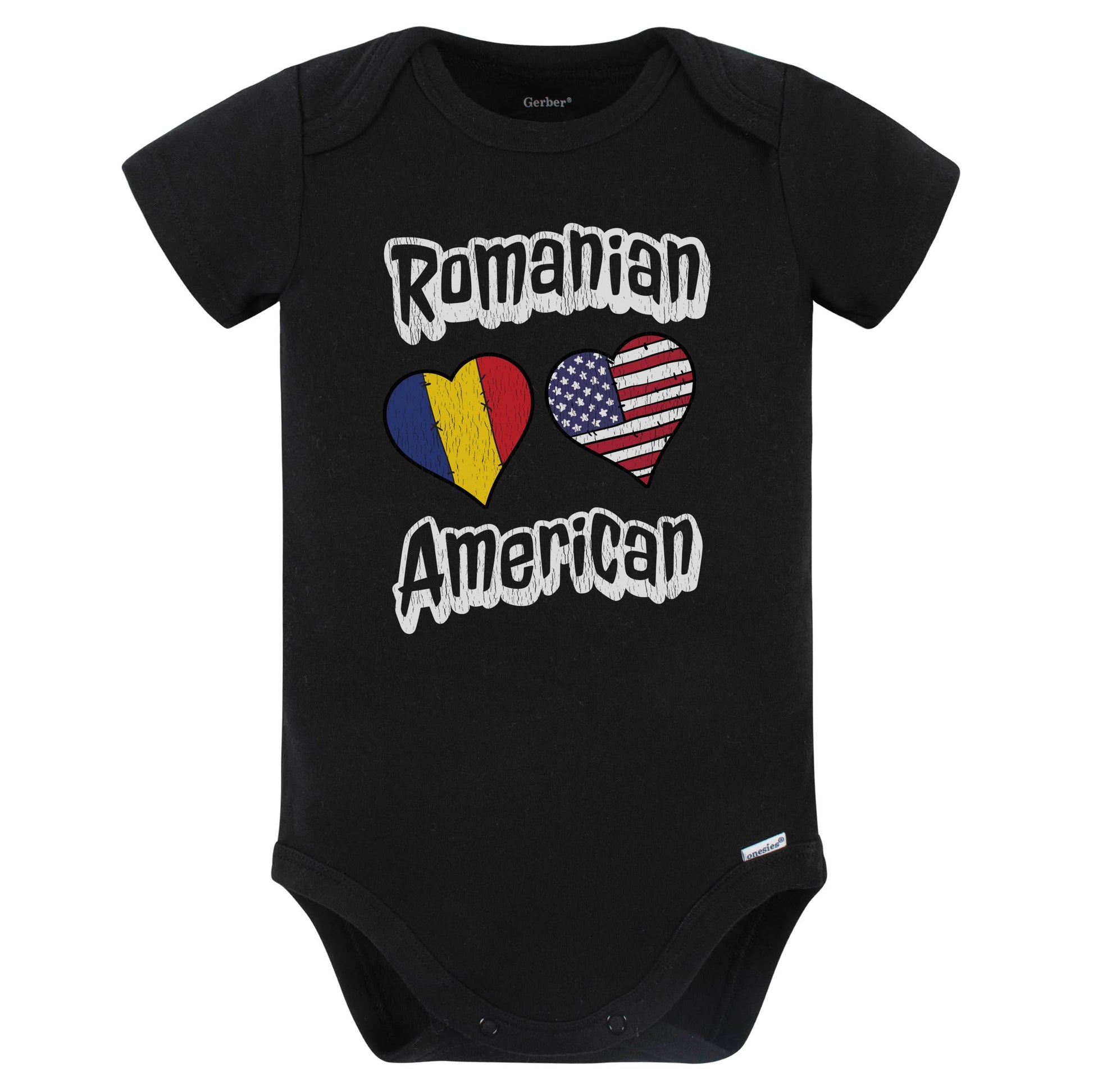 Romanian American Flag Hearts Combo Romania Baby Bodysuit Distressed (Black)