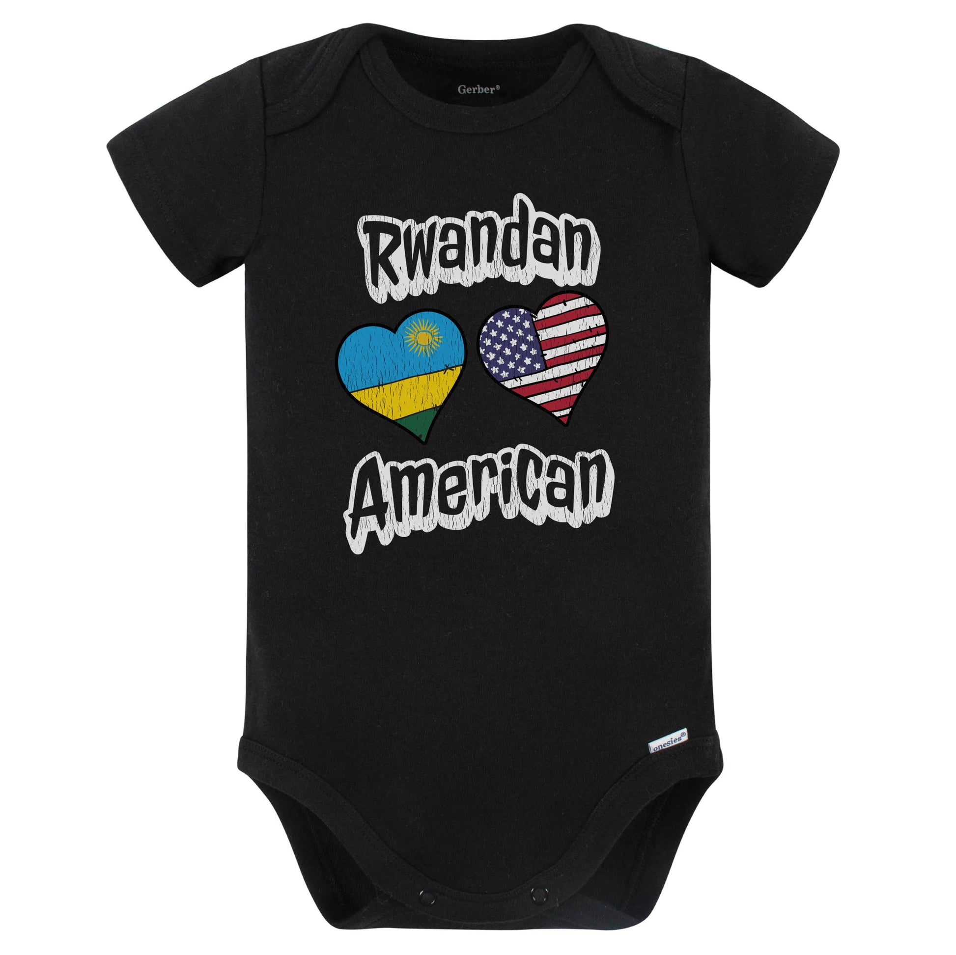 Rwandan American Flag Hearts Combo Rwanda Baby Bodysuit Distressed (Black)