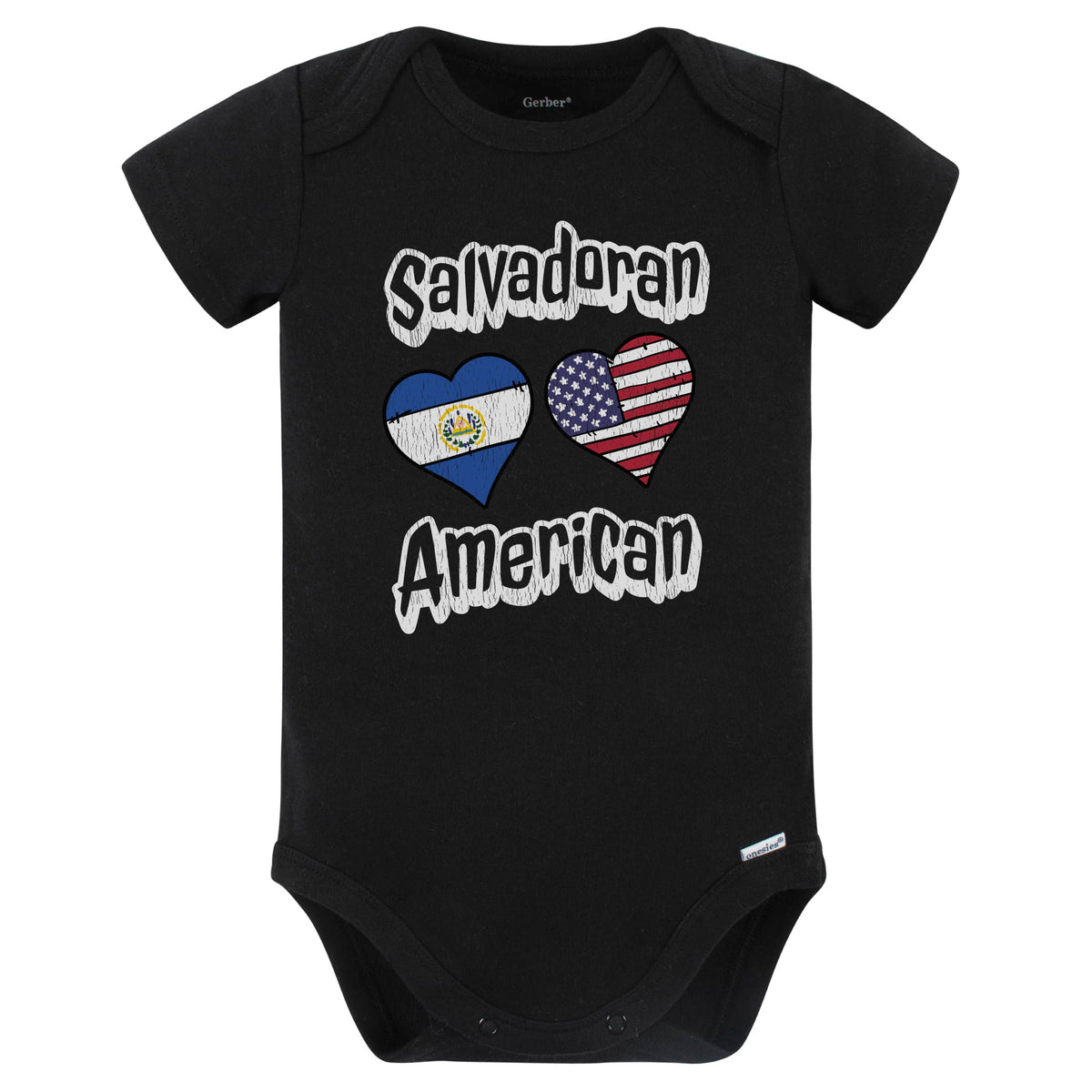 Salvadoran American Flag Hearts Combo El Salvador Baby Bodysuit Distressed (Black)