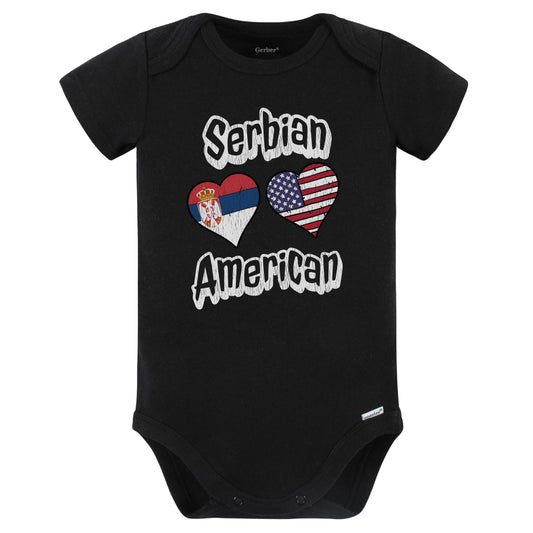 Serbian American Flag Hearts Combo Serbia Baby Bodysuit Distressed (Black)