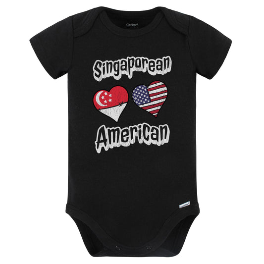 Singaporean American Flag Hearts Combo Singapore Baby Bodysuit Distressed (Black)