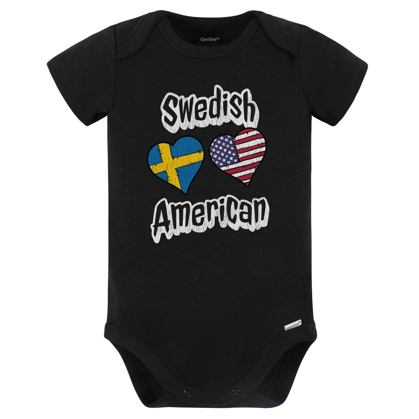 Swedish American Flag Hearts Combo Sweden Baby Bodysuit Distressed (Black)