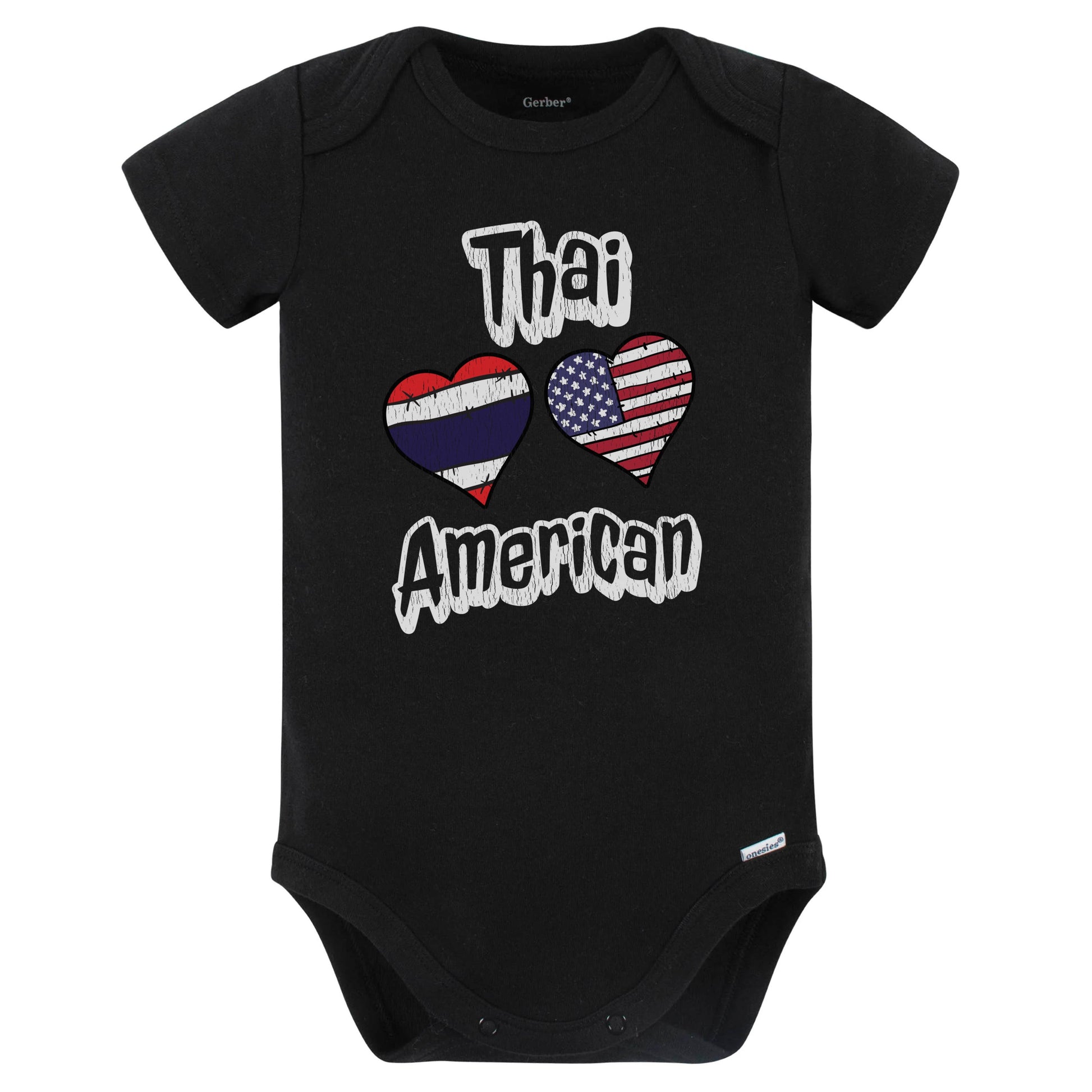 Thai American Flag Hearts Combo Thailand Baby Bodysuit Distressed (Black)