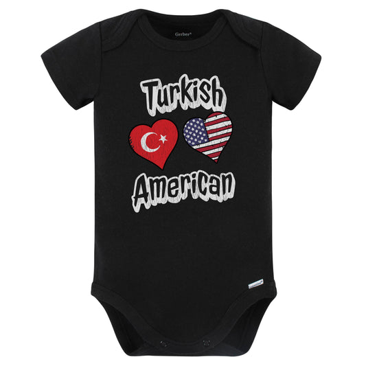 Turkish American Flag Hearts Combo Turkey Baby Bodysuit Distressed (Black)