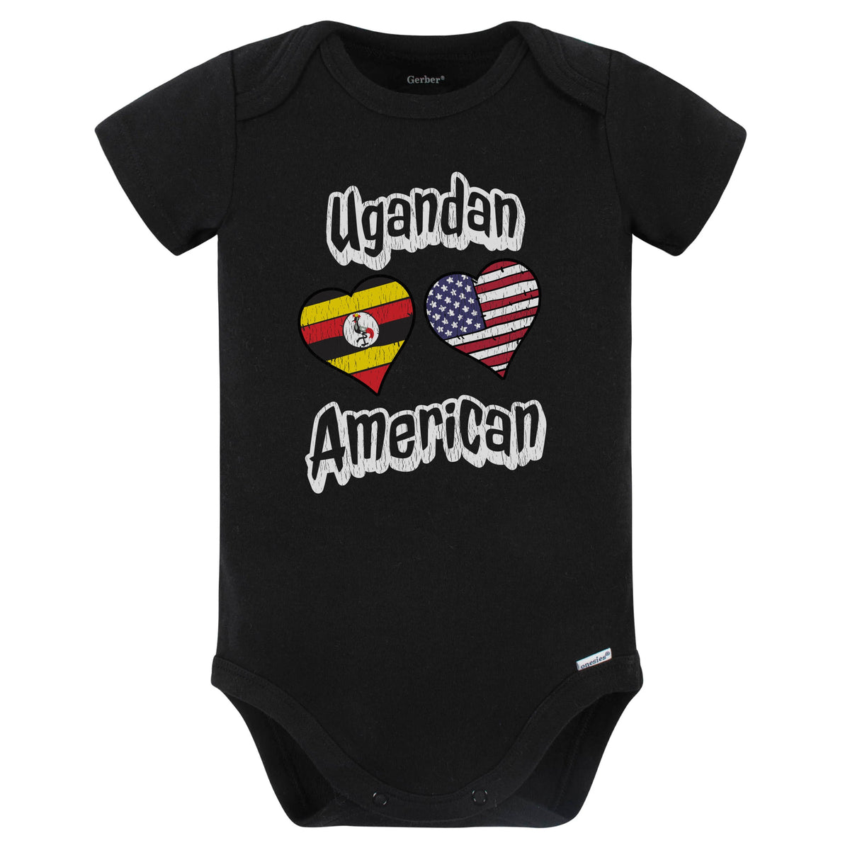 Ugandan American Flag Hearts Combo Uganda Baby Bodysuit Distressed (Black)