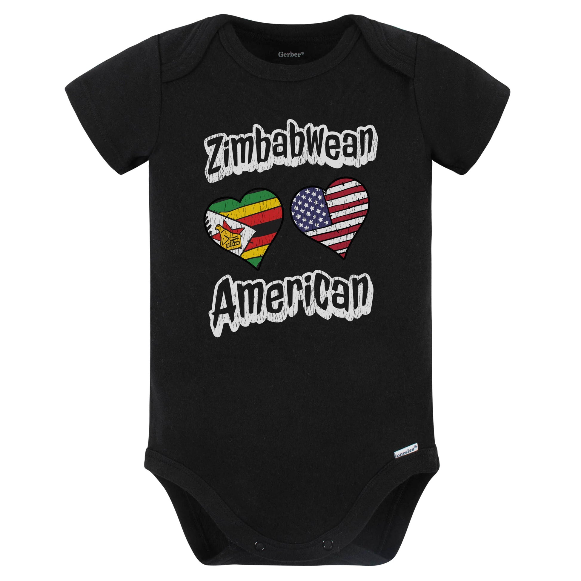 Zimbabwean American Flag Hearts Combo Zimbabwe Baby Bodysuit Distressed (Black)