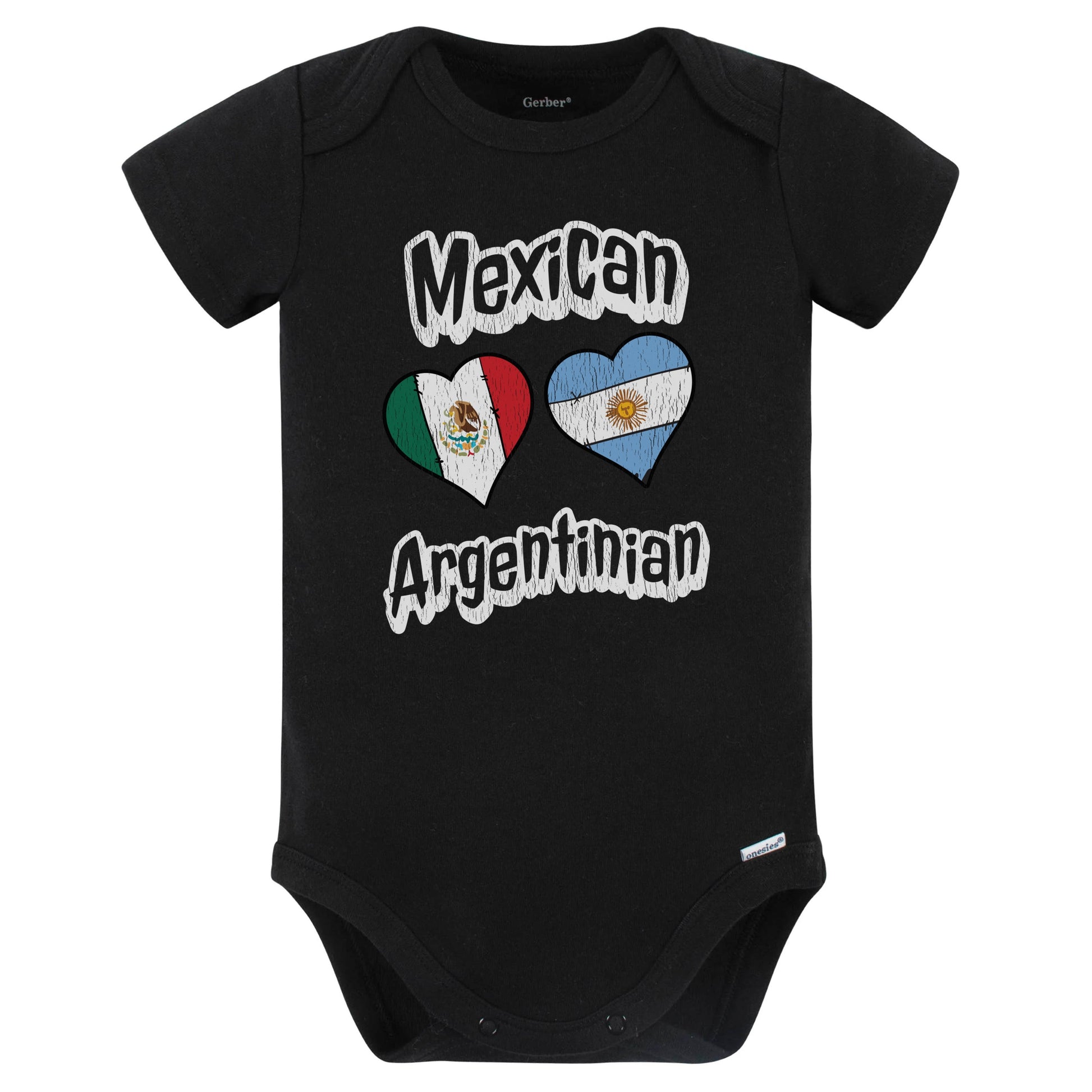 Mexican Argentinian Flag Heart Combo Mexico Argentina Baby Bodysuit Distressed (Black)