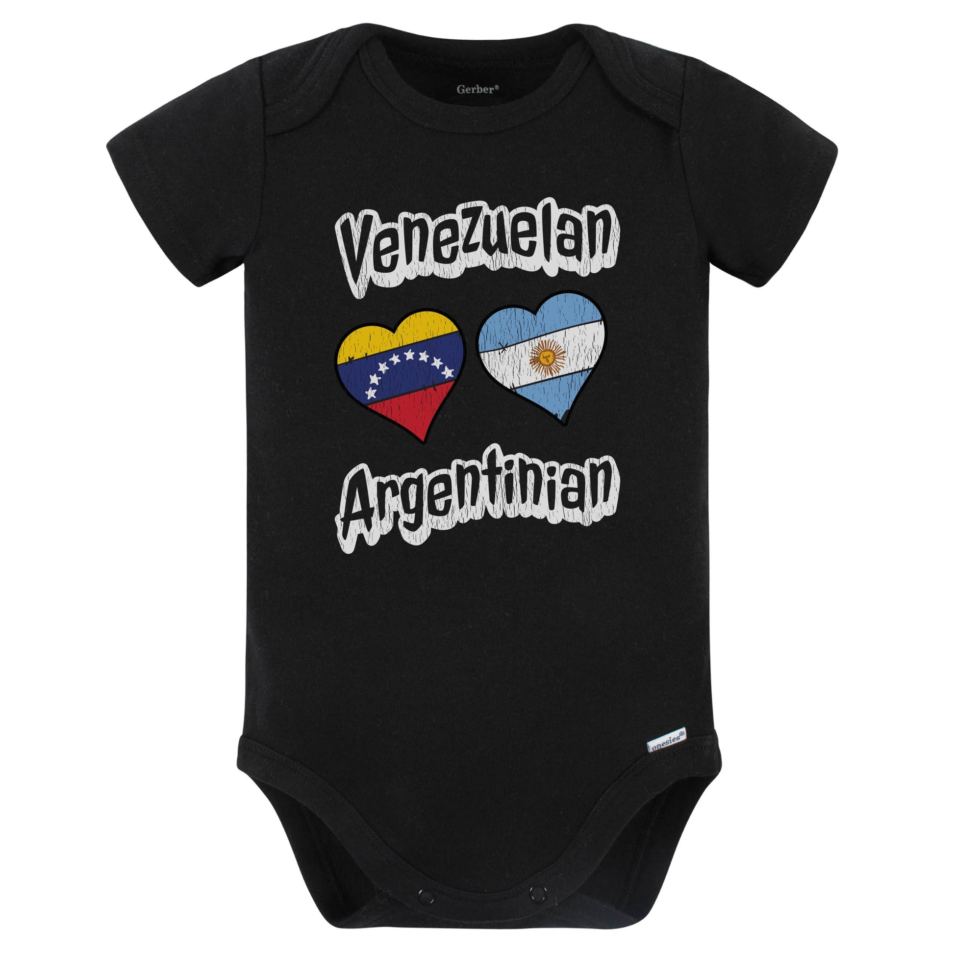 Venezuelan Argentinian Flag Heart Combo Venezuela Argentina Baby Bodysuit Distressed (Black)