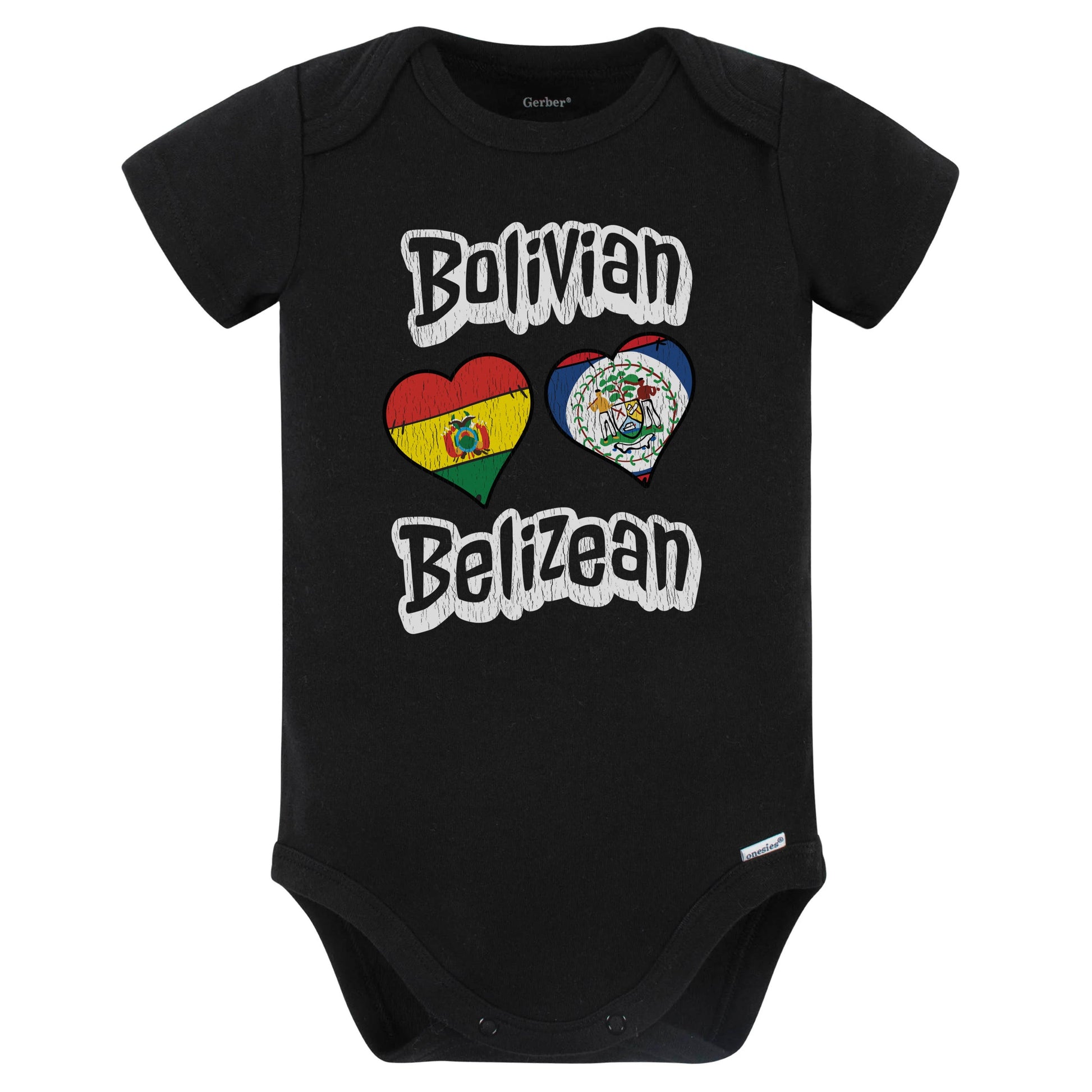 Bolivian Belizean Flag Heart Combo Bolivia Belize Baby Bodysuit Distressed (Black)