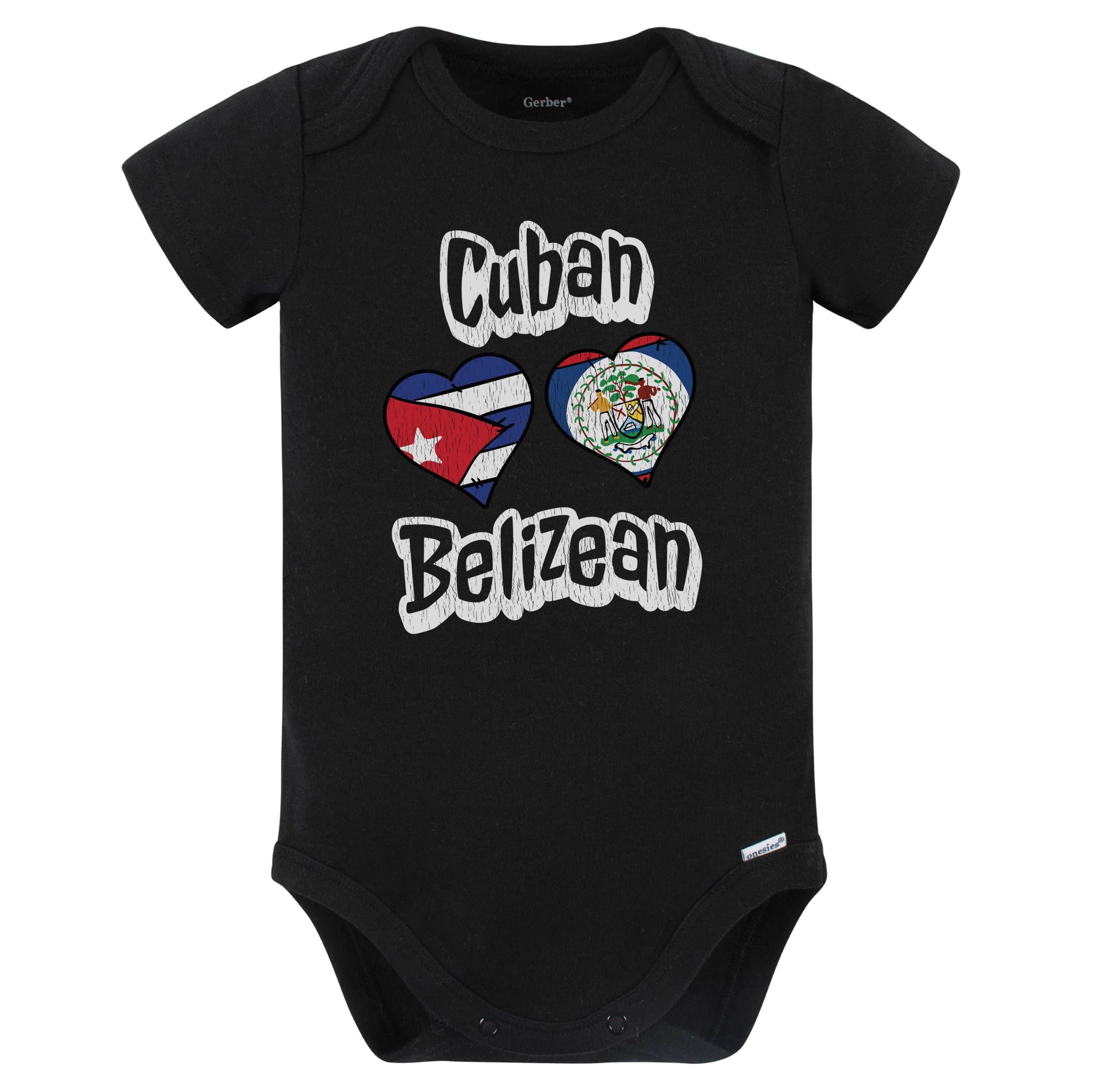Cuban Belizean Flag Heart Combo Cuba Belize Baby Bodysuit Distressed (Black)