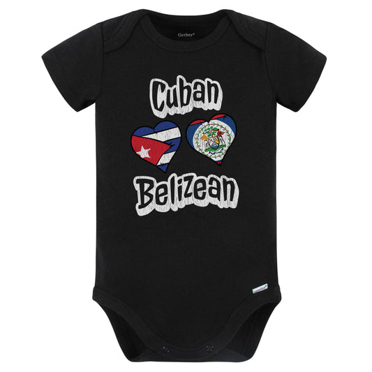 Cuban Belizean Flag Heart Combo Cuba Belize Baby Bodysuit Distressed (Black)