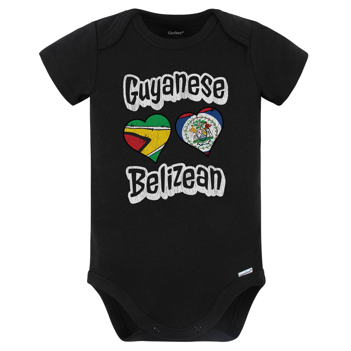 Guyanese Belizean Flag Heart Combo Guyana Belize Baby Bodysuit Distressed (Black)