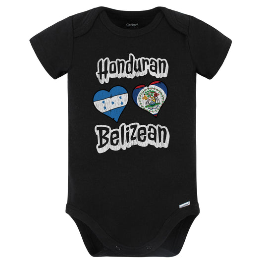 Honduran Belizean Flag Heart Combo Honduras Belize Baby Bodysuit Distressed (Black)