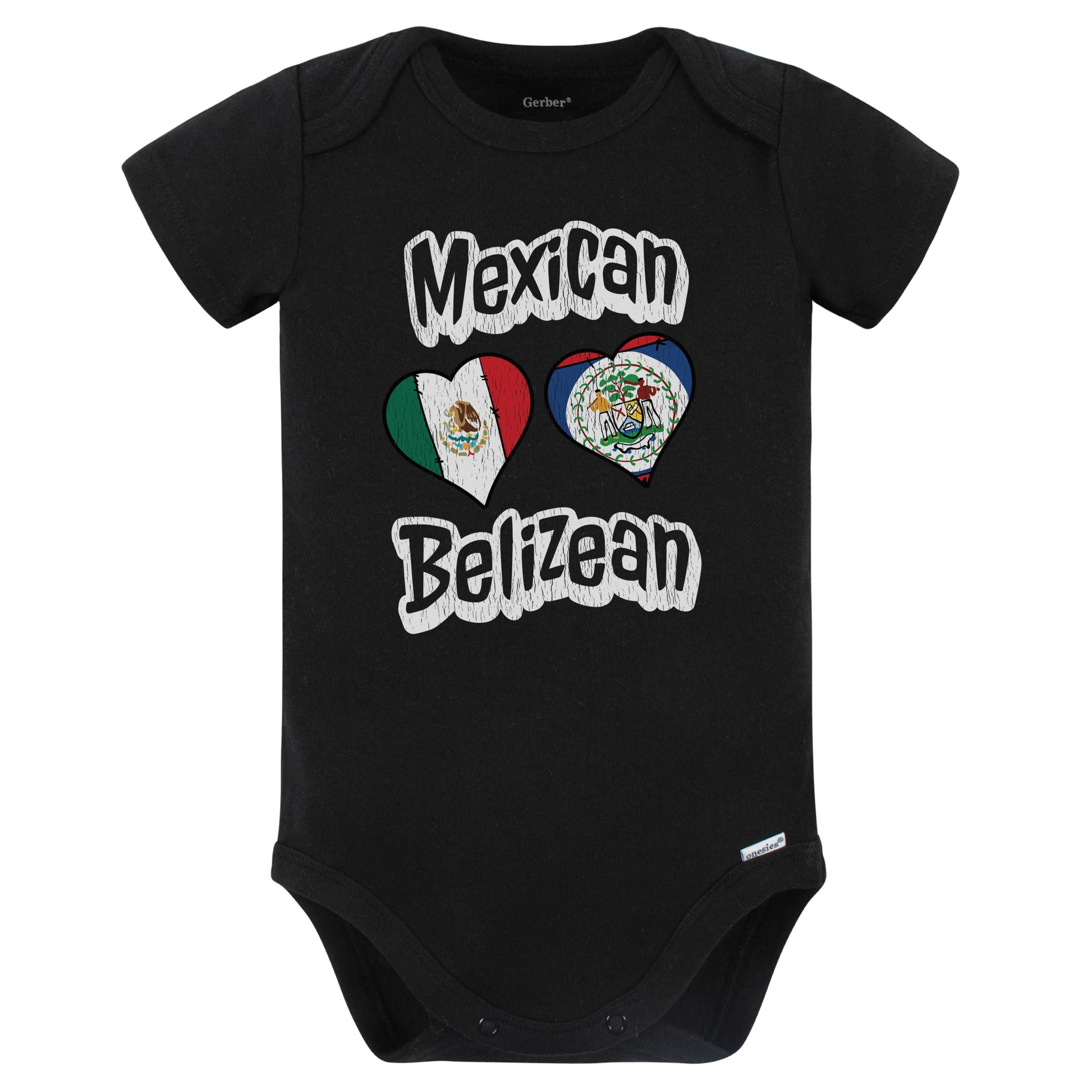 Mexican Belizean Flag Heart Combo Mexico Belize Baby Bodysuit Distressed (Black)