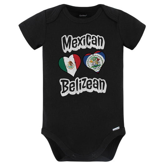 Mexican Belizean Flag Heart Combo Mexico Belize Baby Bodysuit Distressed (Black)