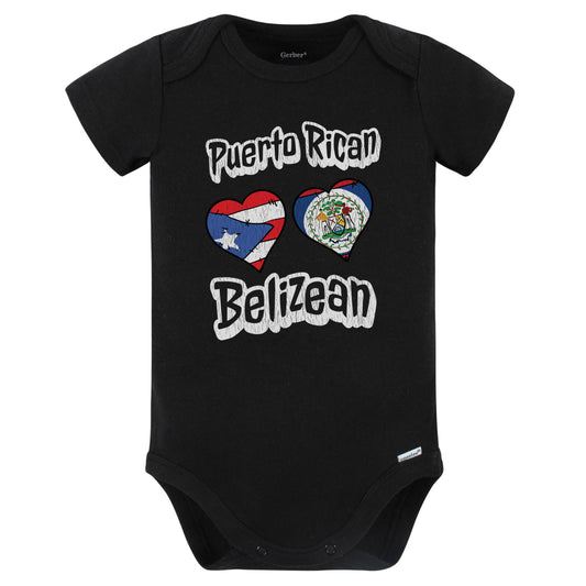 Puerto Rican Belizean Flag Heart Combo Puerto Rico Belize Baby Bodysuit Distressed (Black)