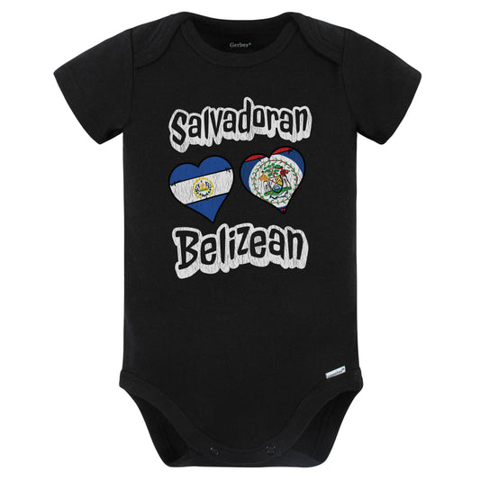 Salvadoran Belizean Flag Heart Combo El Salvador Belize Baby Bodysuit Distressed (Black)
