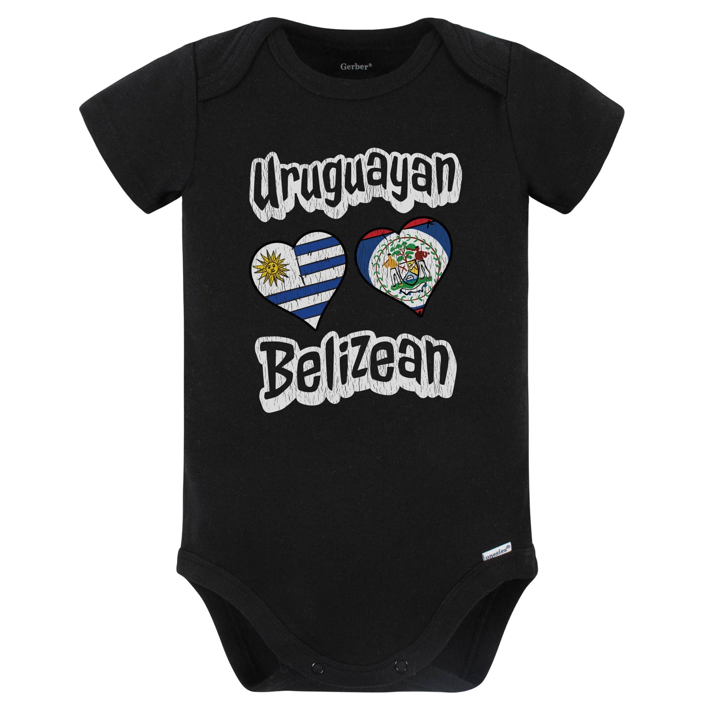 Uruguayan Belizean Flag Heart Combo Uruguay Belize Baby Bodysuit Distressed (Black)